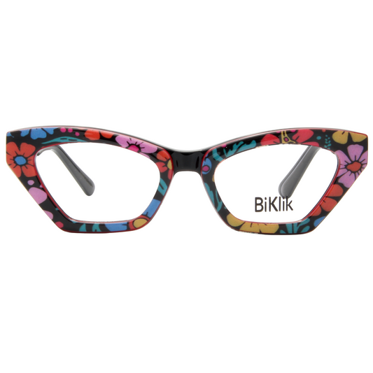 Colorful floral-patterned glasses with 'BiKlik' branding on a white background