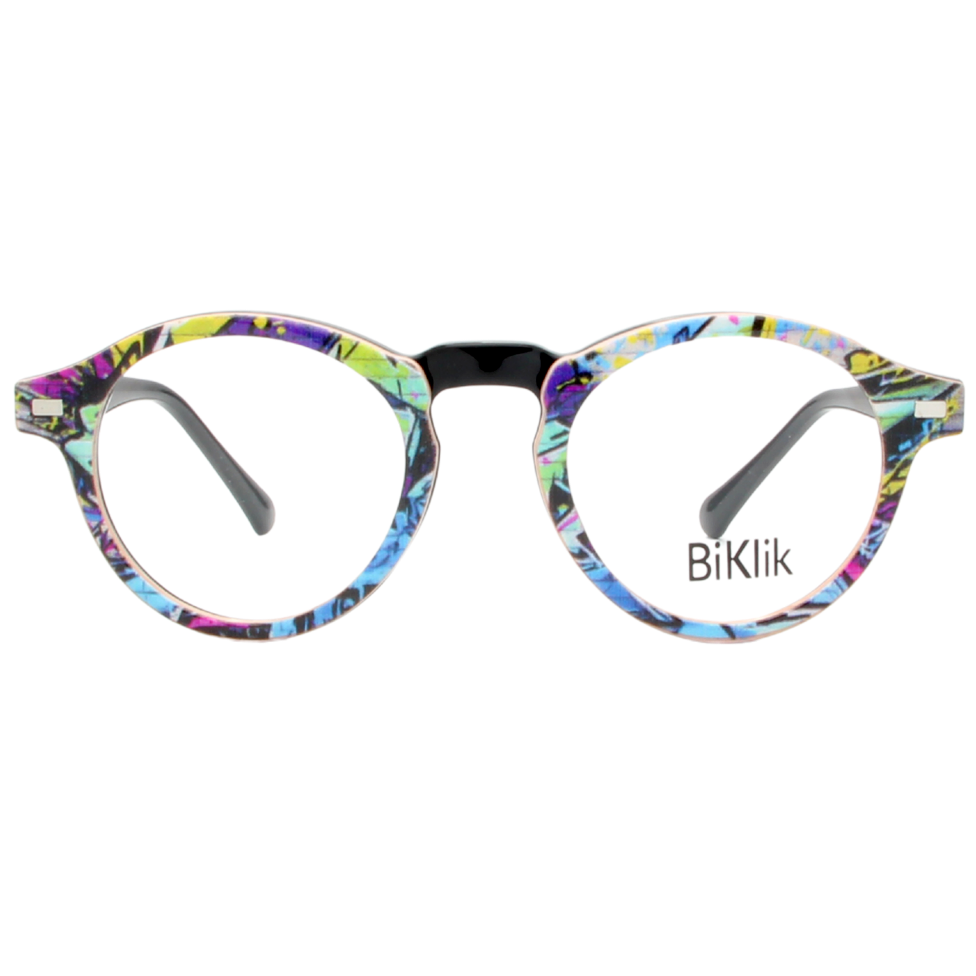 Colorful eyeglasses with a floral pattern on a white background, featuring the brand 'BiKlik'.