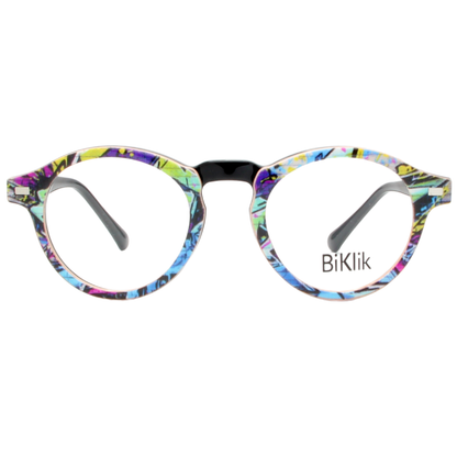Colorful eyeglasses with a floral pattern on a white background, featuring the brand 'BiKlik'.