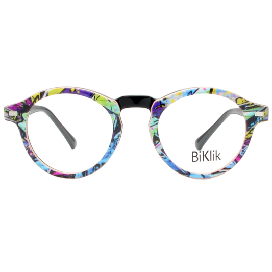 Colorful eyeglasses with a floral pattern on a white background, featuring the brand 'BiKlik'.