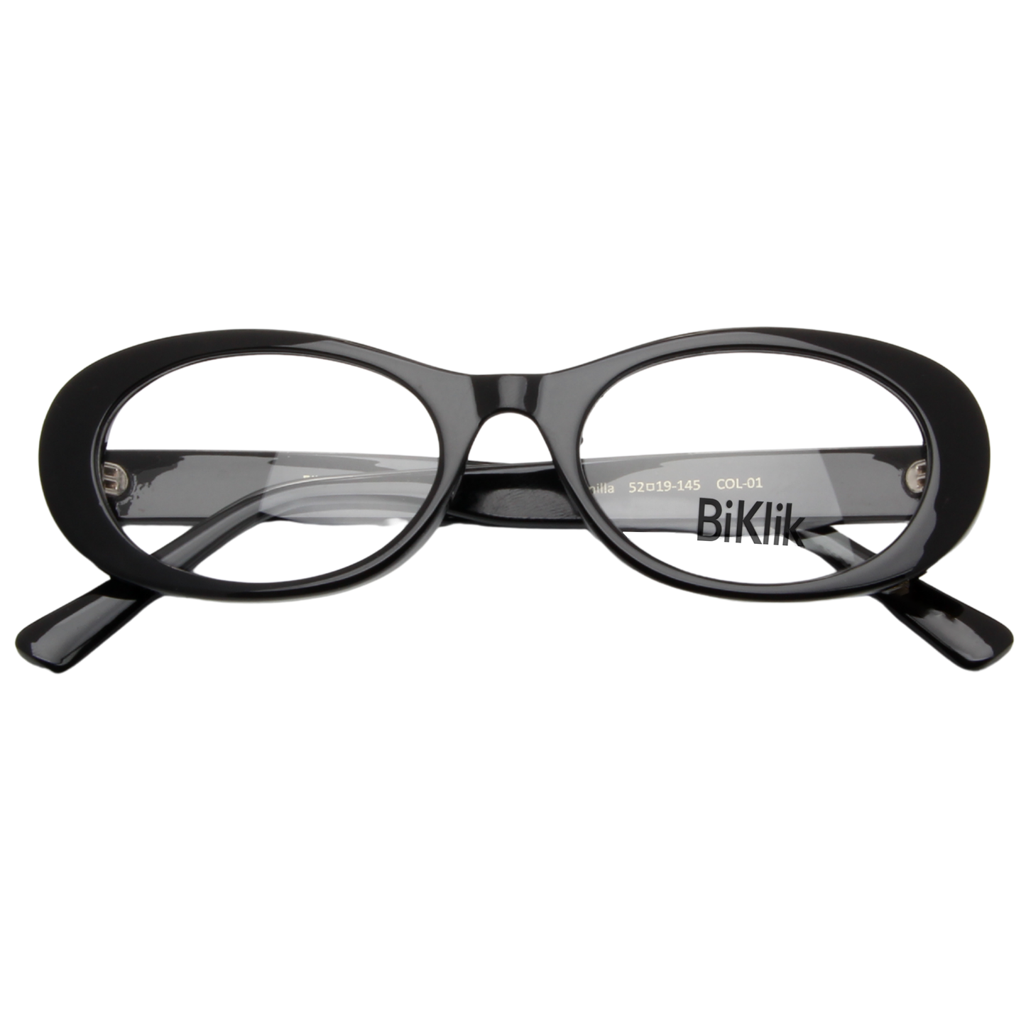 Black eyeglasses with 'Biklik' branding on a white background