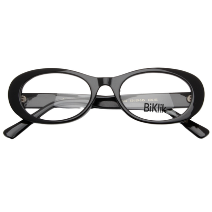 Black eyeglasses with 'Biklik' branding on a white background