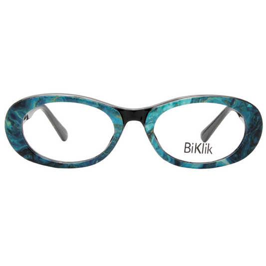 Blue and black eyeglasses with 'BiKlik' branding on a white background