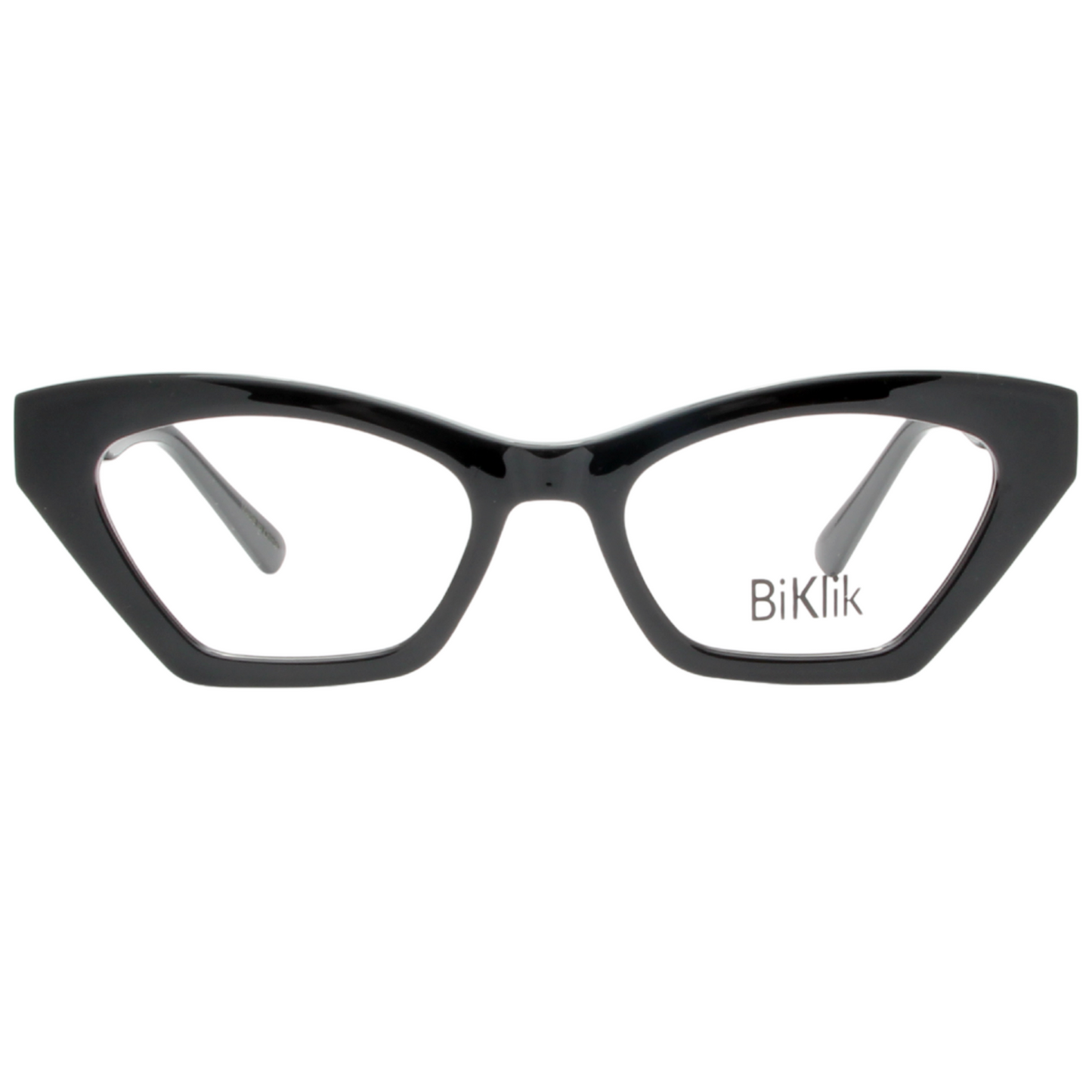 Black cat-eye glasses with 'BiKlik' branding on a white background