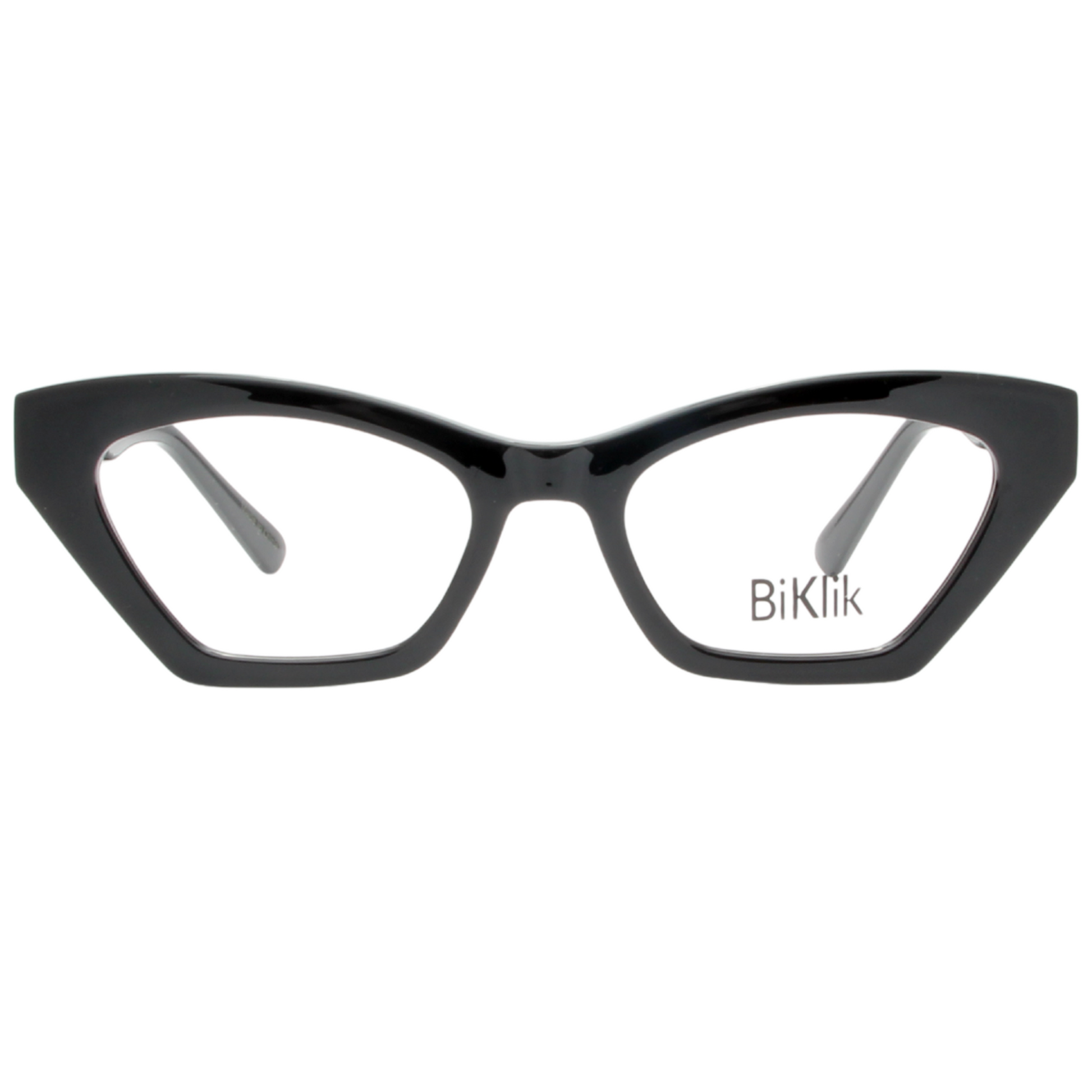 Black cat-eye glasses with 'BiKlik' branding on a white background