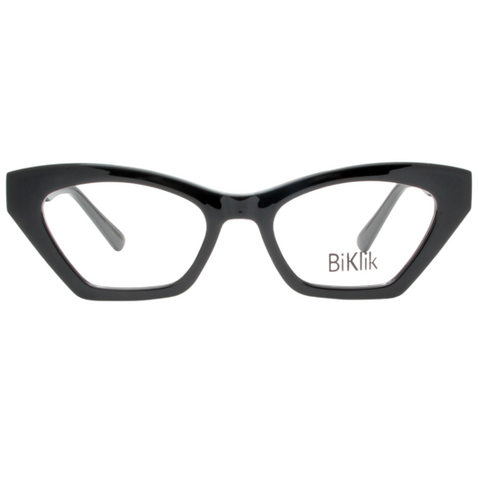 Black cat-eye glasses with 'BiKlik' branding on a white background