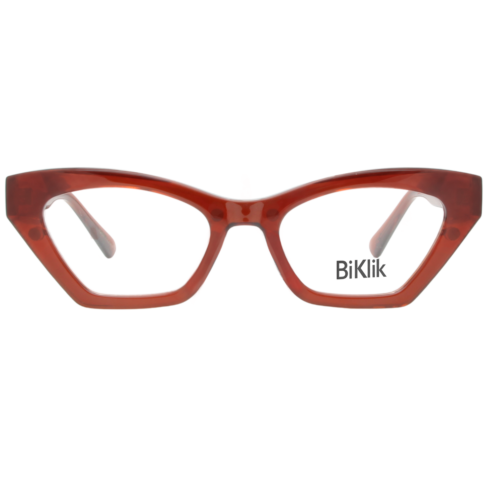 Red cat-eye glasses with 'BiKlik' branding on a white background