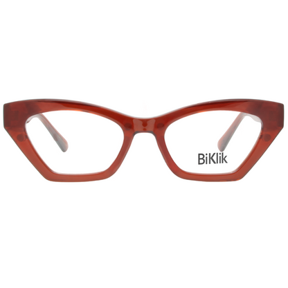 Red cat-eye glasses with 'BiKlik' branding on a white background