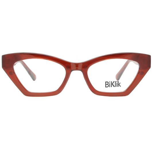 Red cat-eye glasses with 'BiKlik' branding on a white background