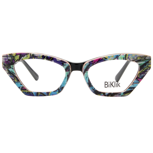 Multicolored cat-eye glasses with 'BiKlik' branding on a white background