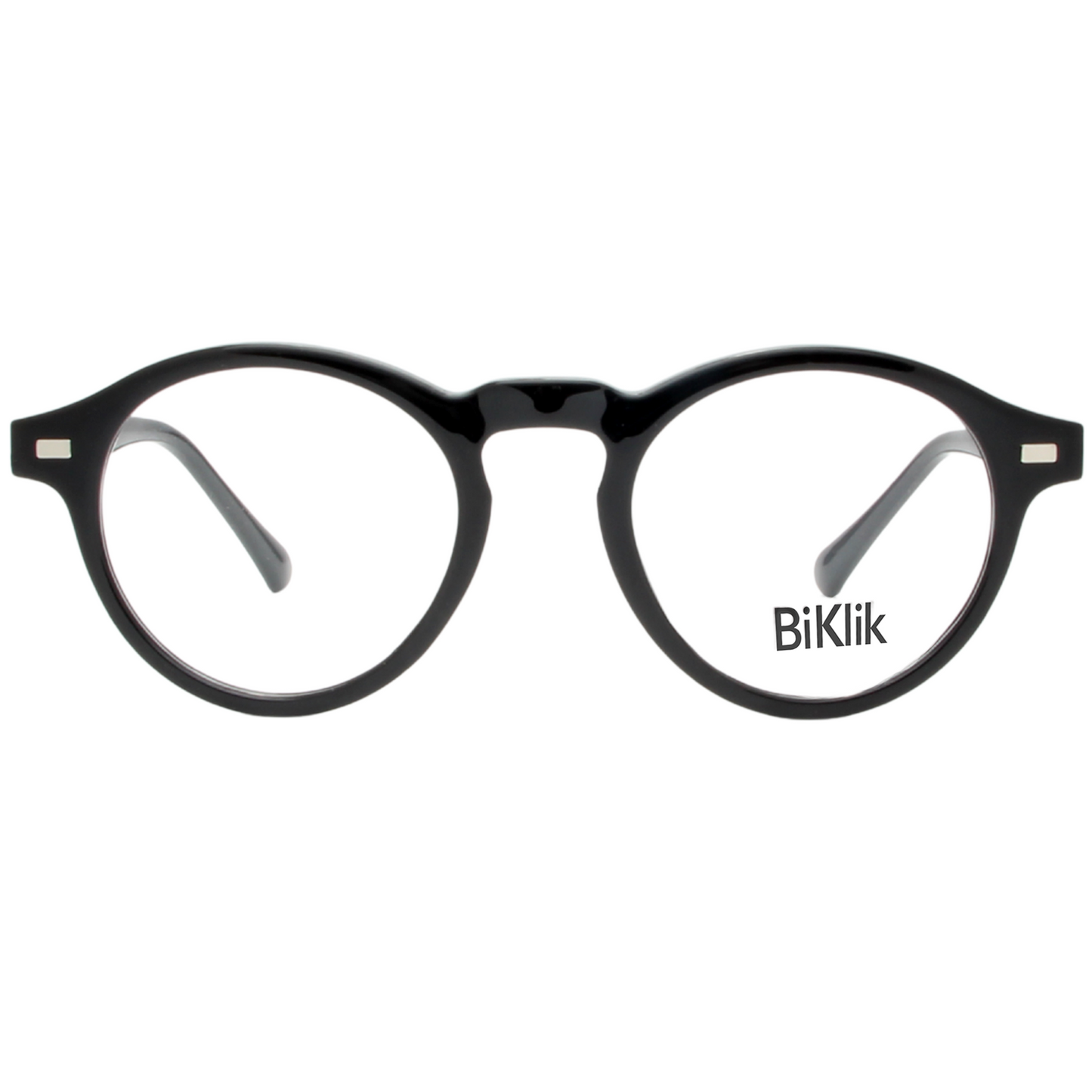 Black round eyeglasses with 'BiKlik' branding on a white background