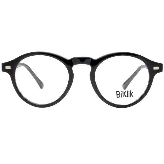 Black round eyeglasses with 'BiKlik' branding on a white background
