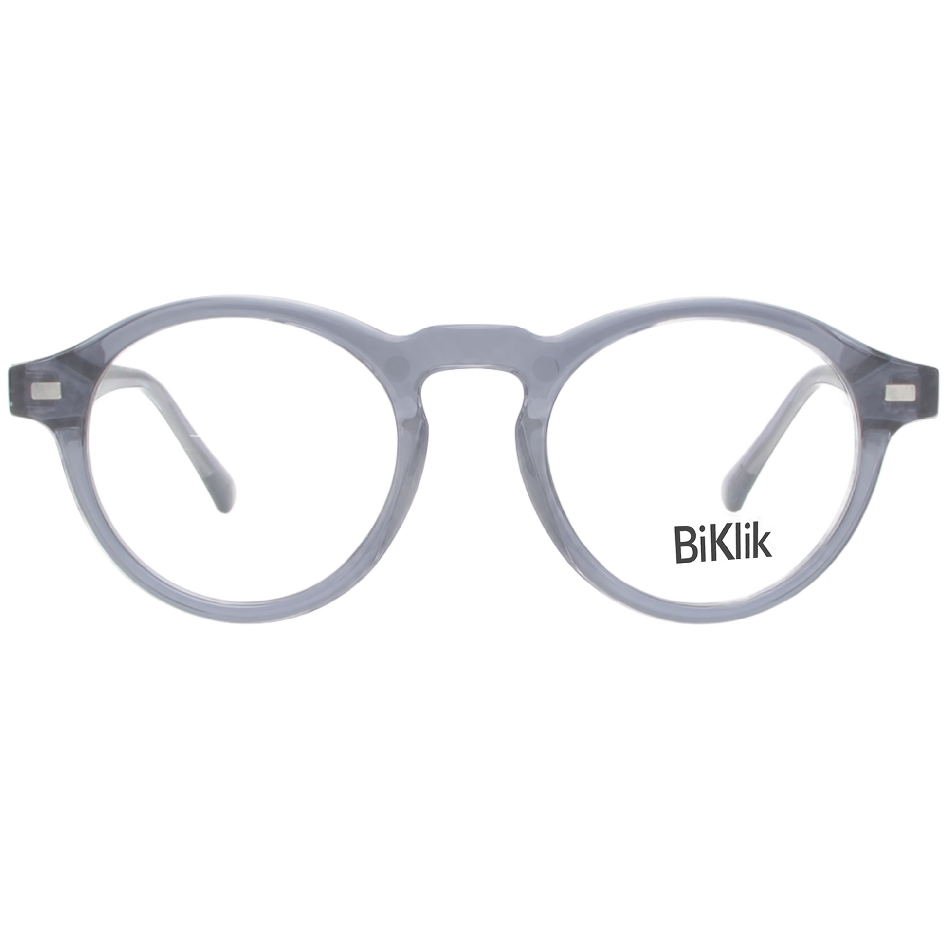 Round eyeglasses with a gray frame on a white background, featuring the brand 'BiKlik'.