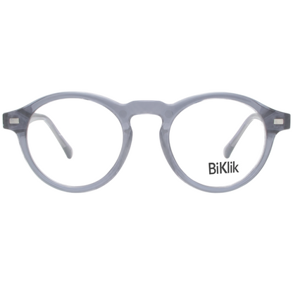 Round eyeglasses with a gray frame on a white background, featuring the brand 'BiKlik'.