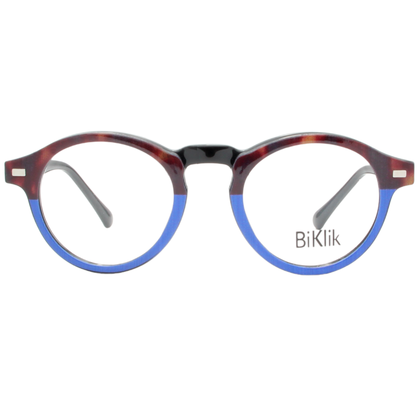 Round eyeglasses with a tortoiseshell and blue frame on a white background, featuring the brand 'BiKlik'.