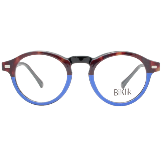Round eyeglasses with a tortoiseshell and blue frame on a white background, featuring the brand 'BiKlik'.