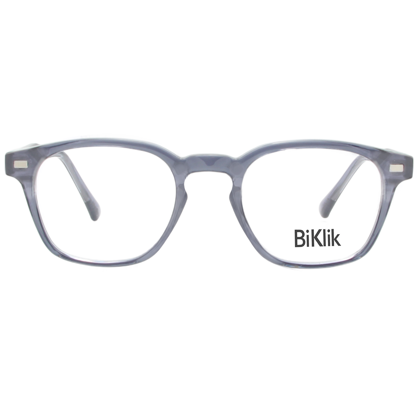 Gray eyeglasses with 'BiKlik' branding on a white background