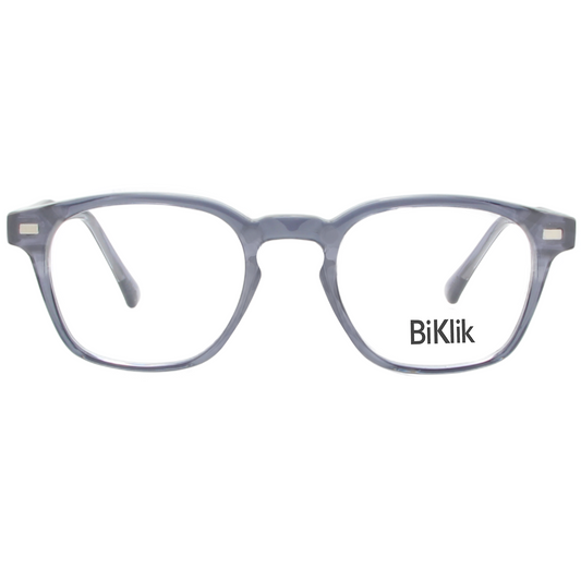 Gray eyeglasses with 'BiKlik' branding on a white background