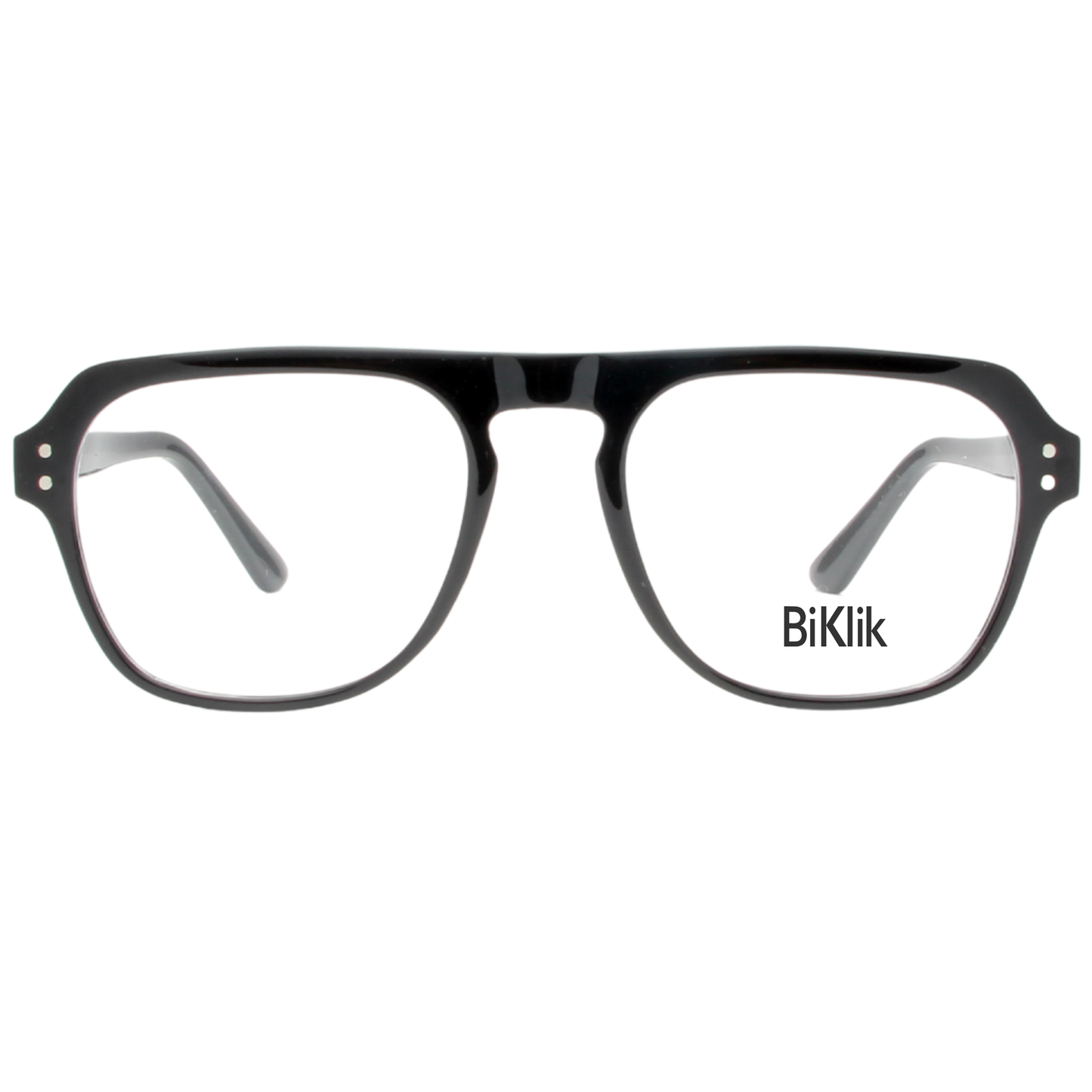 Black eyeglasses with 'BiKlik' branding on a white background