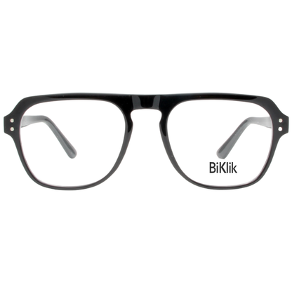 Black eyeglasses with 'BiKlik' branding on a white background