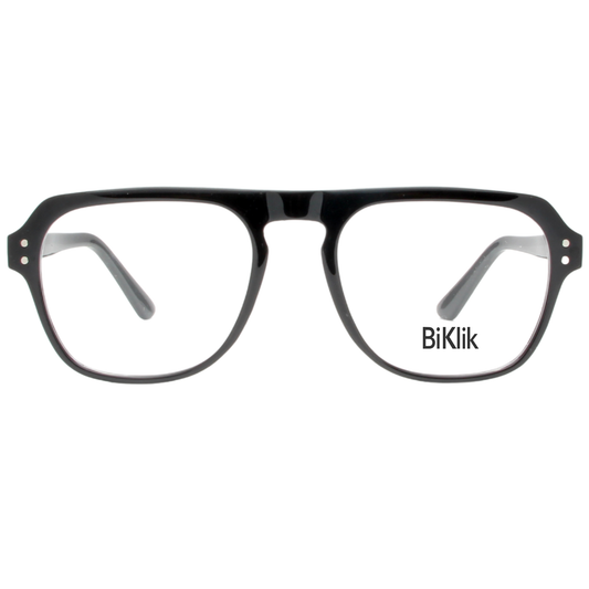 Black eyeglasses with 'BiKlik' branding on a white background