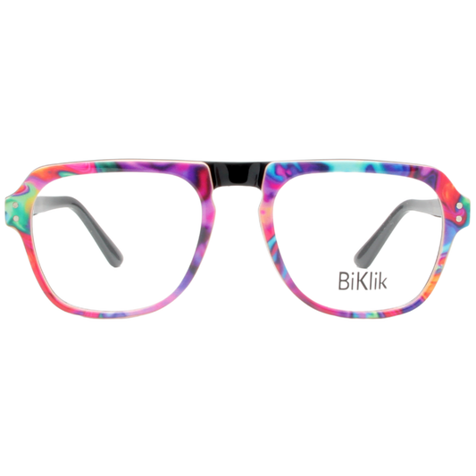 Colorful eyeglasses with 'BiKlik' branding on a white background