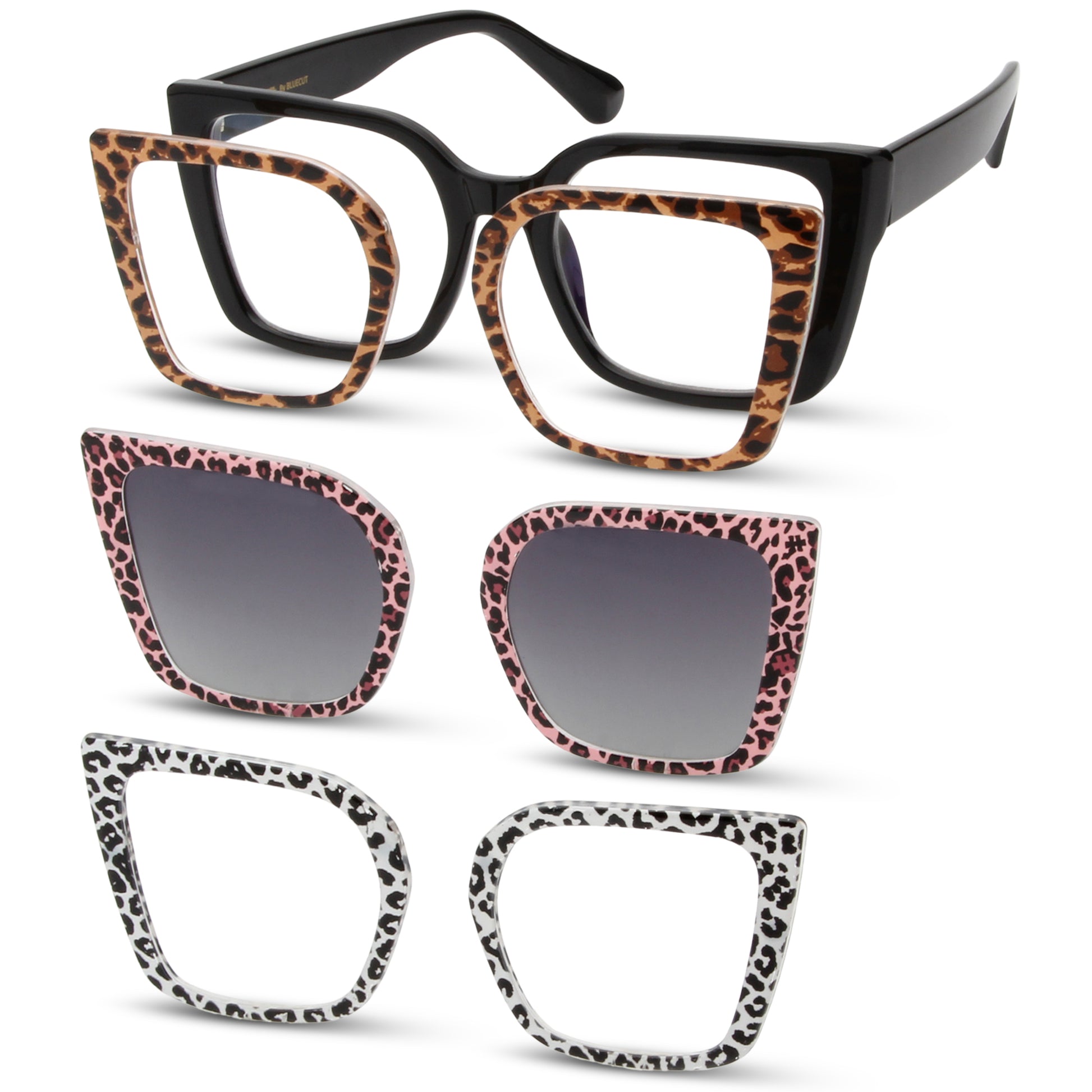 Collection of cat-eye glasses with leopard print frames on a white background