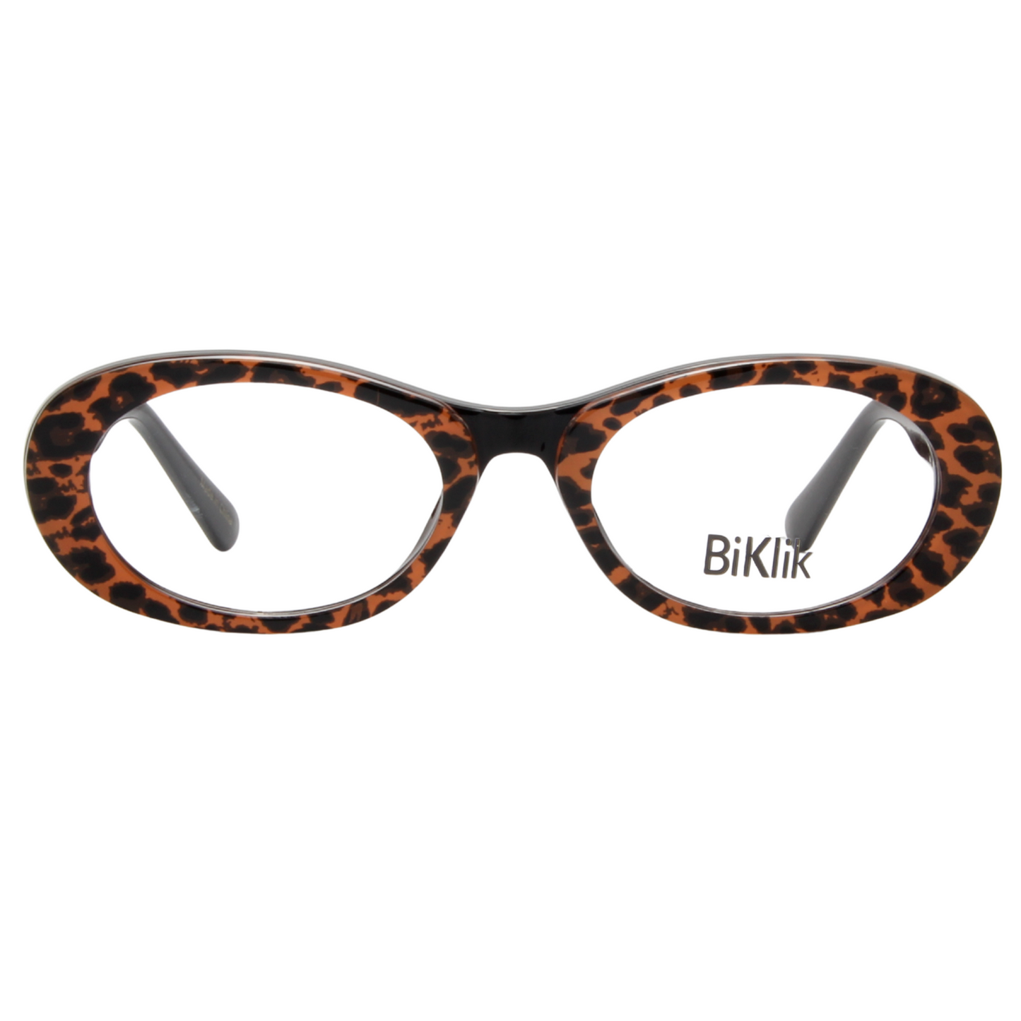 Leopard print eyeglasses with 'Biklik' branding on a white background