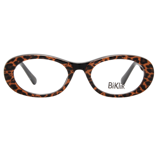 Leopard print eyeglasses with 'Biklik' branding on a white background