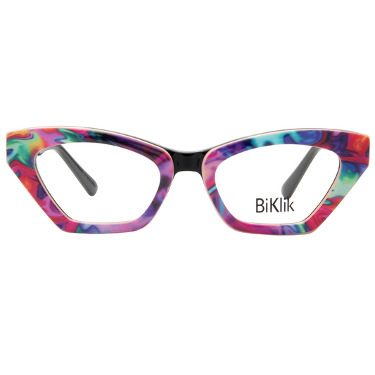 Colorful cat-eye glasses with 'BiKlik' branding on a white background