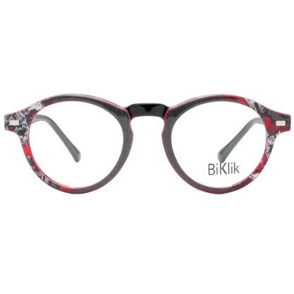 Round eyeglasses with red and black frame on a white background