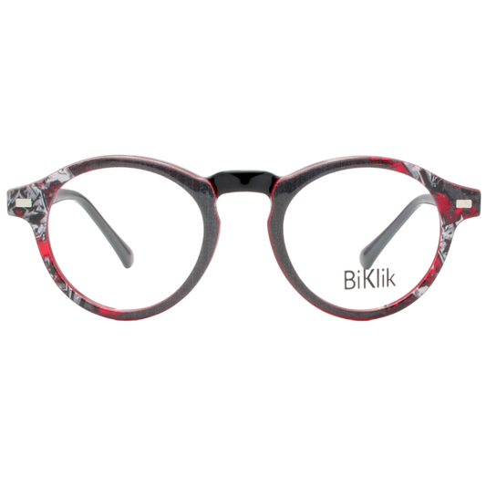 Round eyeglasses with red and black frame on a white background