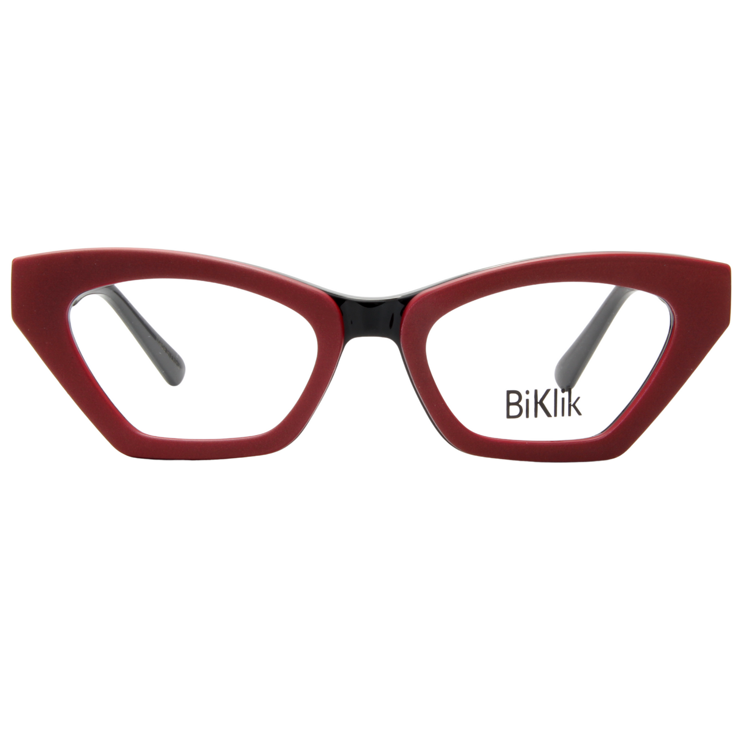 Red cat-eye glasses with 'BiKlik' branding on a white background
