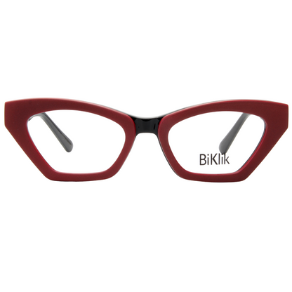 Red cat-eye glasses with 'BiKlik' branding on a white background