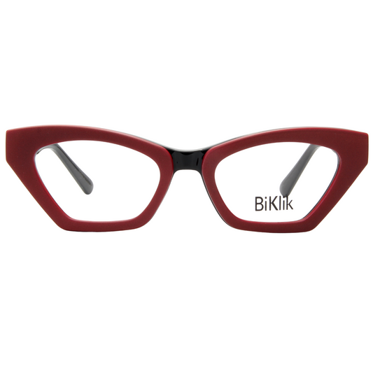 Red cat-eye glasses with 'BiKlik' branding on a white background