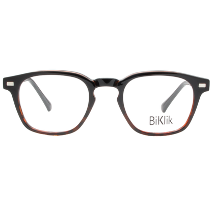 Black and brown eyeglasses with 'BiKlik' branding on a white background