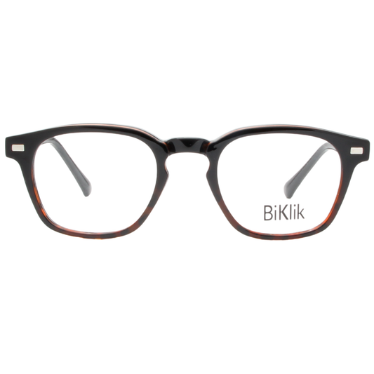 Black and brown eyeglasses with 'BiKlik' branding on a white background