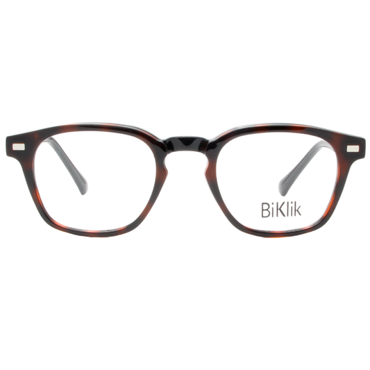 Tortoiseshell eyeglasses with 'BiKlik' branding on a white background