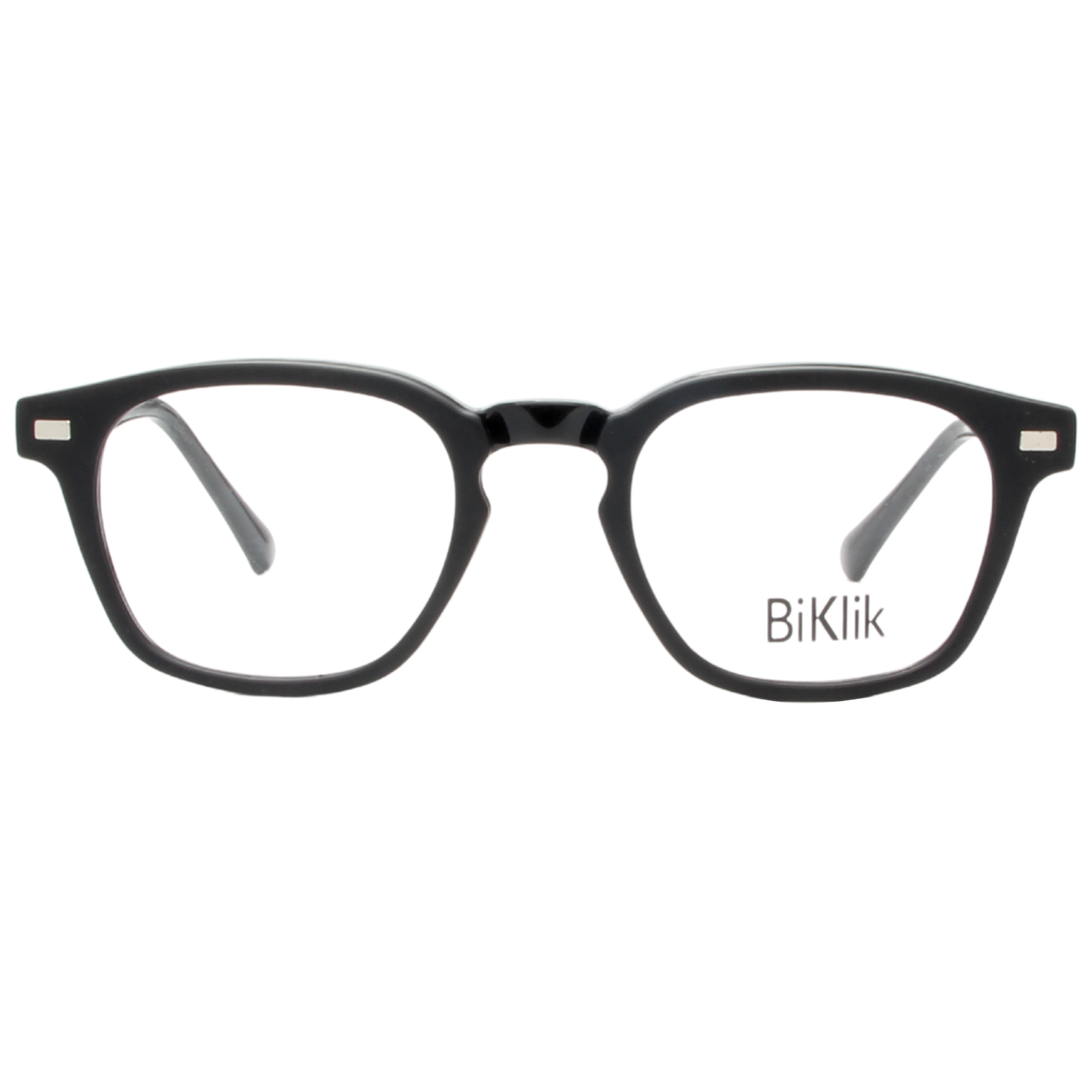 Black eyeglasses with 'BiKlik' branding on a white background