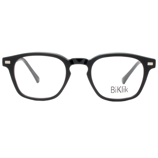 Black eyeglasses with 'BiKlik' branding on a white background