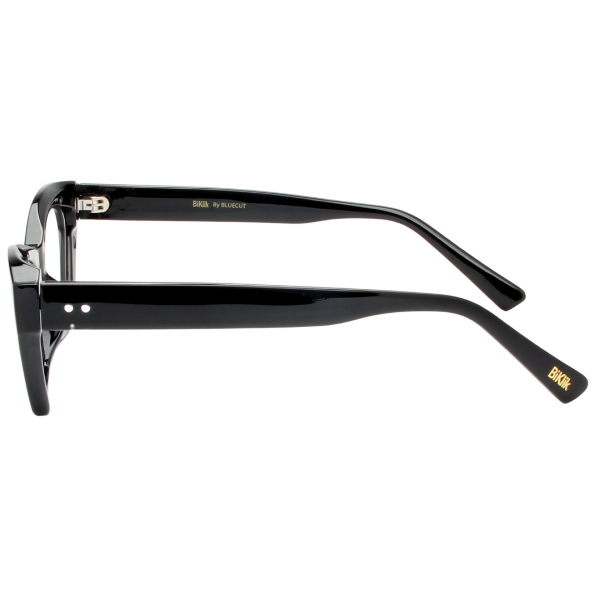 Black eyeglasses with 'Bak' branding on a white background