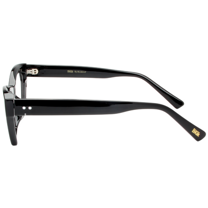 Black eyeglasses with 'Bak' branding on a white background