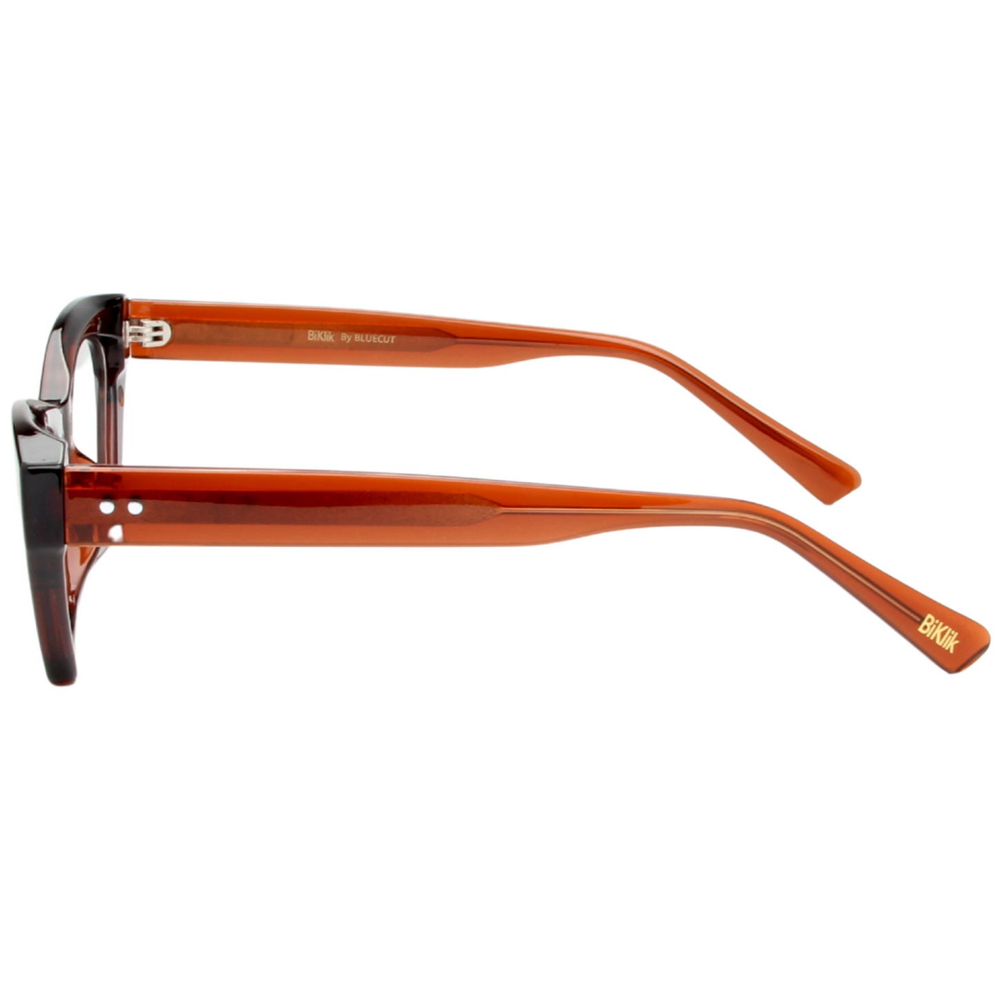 Orange eyeglasses with a black frame on a white background