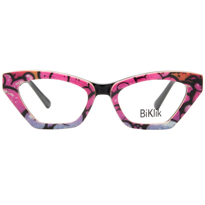 Cat-eye glasses with colorful frame and 'BiKlik' branding on a white background