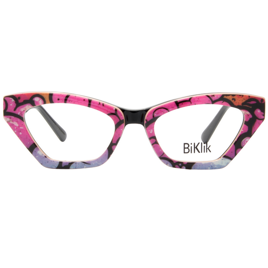 Cat-eye glasses with colorful frame and 'BiKlik' branding on a white background