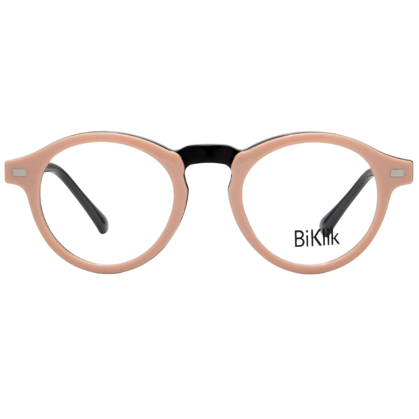 Round eyeglasses with a pink frame and black arms on a white background, featuring the brand 'BiKlik'.