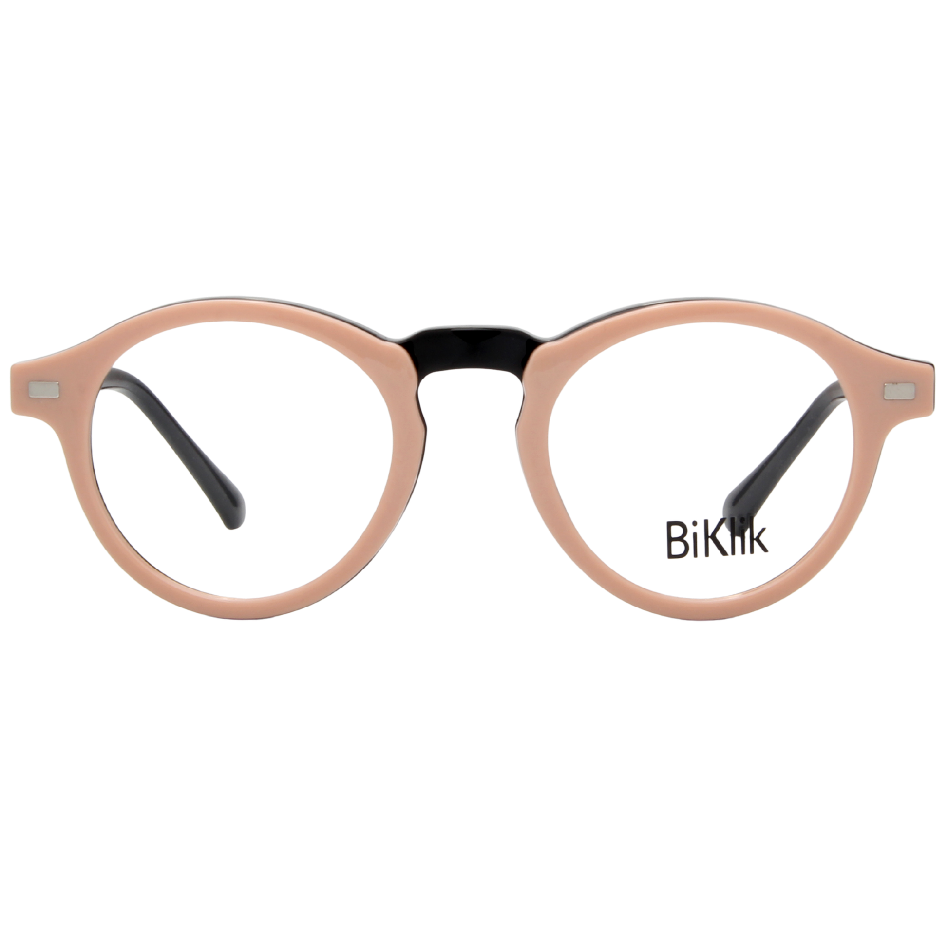 Round eyeglasses with a pink frame and black arms on a white background, featuring the brand 'BiKlik'.