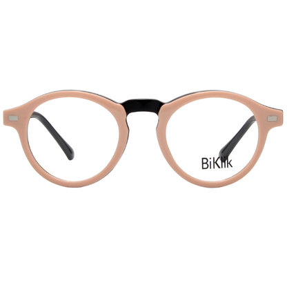 Round eyeglasses with a pink frame and black arms on a white background, featuring the brand 'BiKlik'.