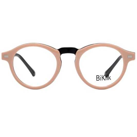 Round eyeglasses with a pink frame and black arms on a white background, featuring the brand 'BiKlik'.