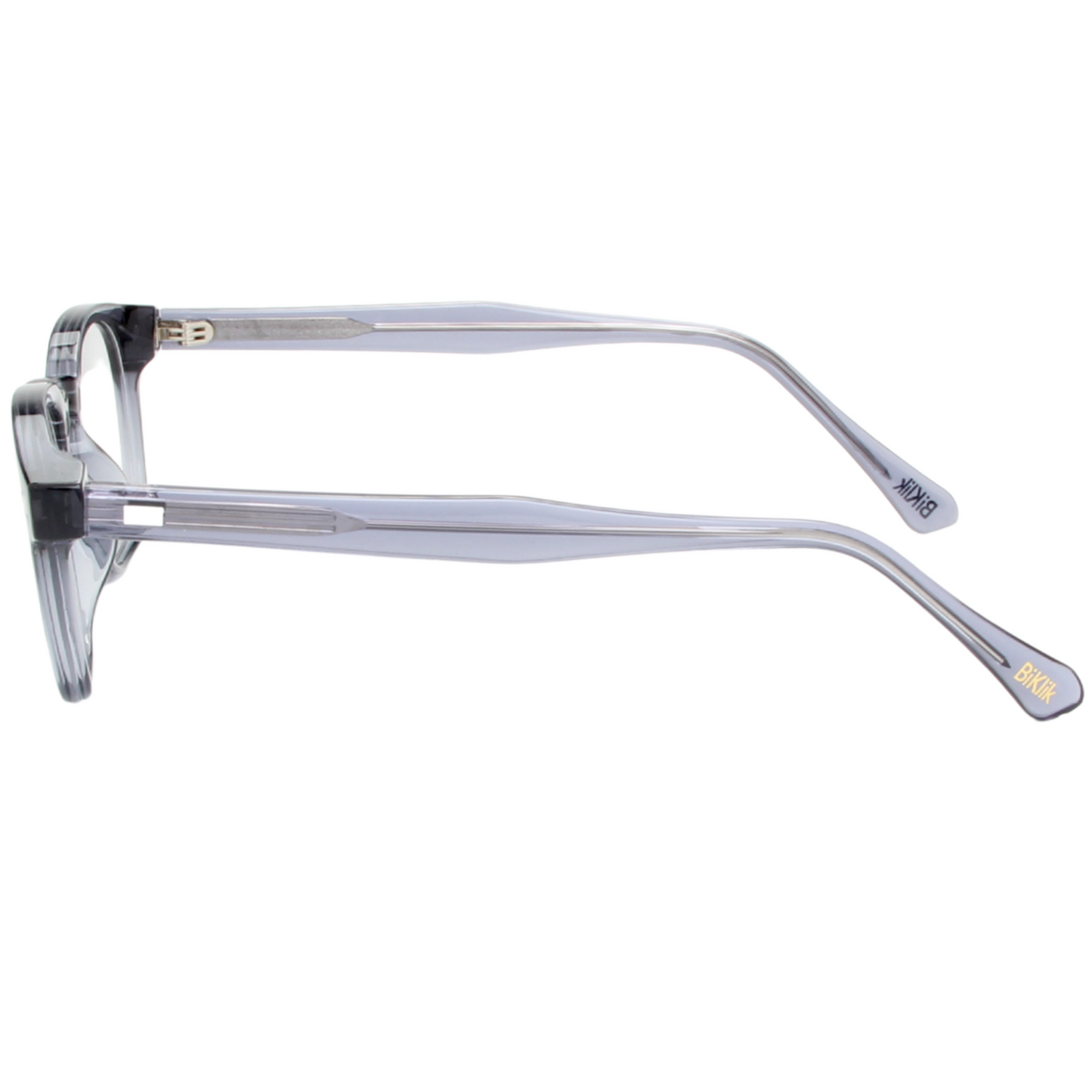 Clear eyeglasses with gold accents on a white background